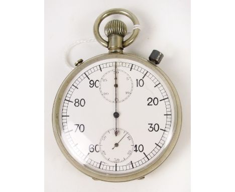 A German WWII white metal split second flyback chronograph, the white enamel dial set with Arabic numerals and two subsidiary