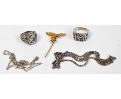 A German Third Reich Luftwaffe gilt metal tie pin, an SA ring with name inscribed to inside, a silver chain and a further Thi