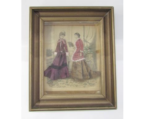 A framed Victorian fashion print, the two figures have been 'dressed ' in velvet dresses to depict the fashion, slightly 3-D,
