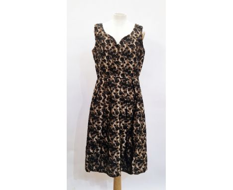 A gold and black cut velvet print sleeveless cocktail dress V neck, a gold brocade sleeveless cocktail dress, a black velvet 