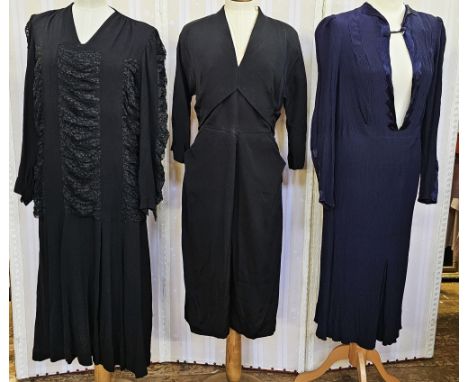 Quantity of 1930's and 1940's black and other dresses&nbsp;to include a black crepe evening dress labelled 'Spector &amp; Cha