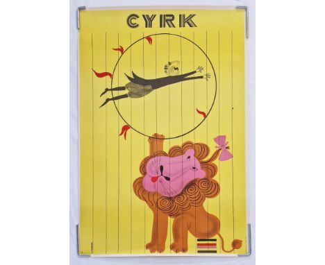 Two vintage Polish Circus 'Cyrk'&nbsp;advertising posters: Lion holding a ring with acrobat jumping through it, artist: A. Ce