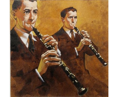 20th century Watercolour and gouache on paper Two clarinet/oboe players, unsigned, framed and glazed, 13cm x 13cm 