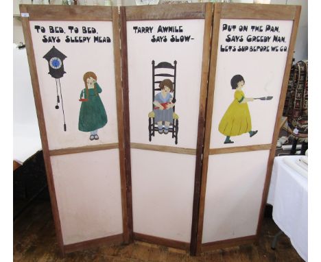 A vintage folding wooden screen in three panels, painted on one side with nursery rhymes and figures, 167 cm h. x 153 cm wide