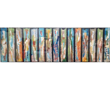 After John Piper (1903-1992)
Abstract colour print on textile
15 panels, possibly of figures, on a black ground, 42cm x 122cm