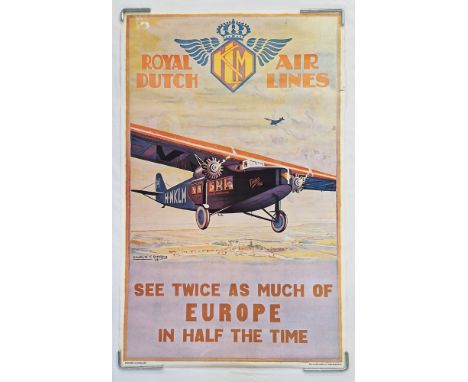 Two vintage KLM Royal Dutch Airlines advertising posters - "See Twice as Much of Europe in Half the Time", printed in Holland