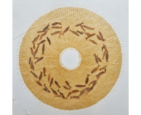 Carole Bury  “Fossil Fish Ring”, trapped fossil fish between layers of tissue paper, stitched and varnished, signed in pencil