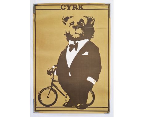 Two vintage Polish Circus 'Cyrk'&nbsp;advertising posters:&nbsp;Bear in tuxedo with a bicycle, circa 1974, artist Waldemar Sw