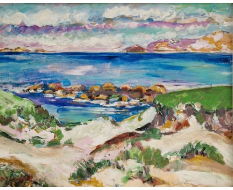 Oil on board Seascape with mountainous background, indistinctly signed lower left, mounted in a painted wooden frame, 40cm x 
