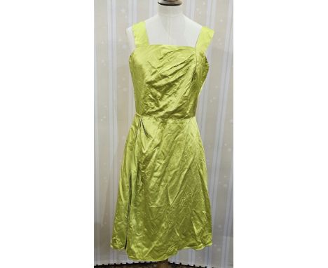 1950's lime green satin evening dress has seen alterations, a 1950's purple evening dress with embroidered and silver thread 