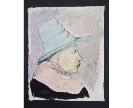 Leslie Duxbury ARCA (1921-2001)  Watercolour and ink  "The Green Hat", head and shoulders of lady wearing green hat, 32cm x 2