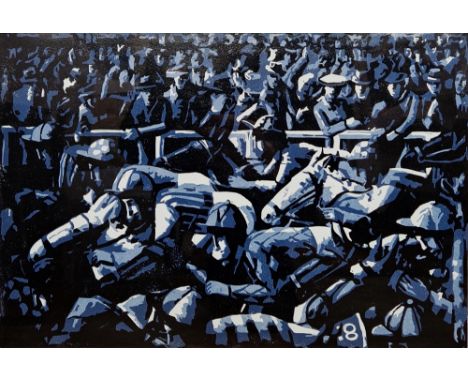 P J Crook (b.1945)  Lithograph Racing scene in blue, grey and black, no.1/12, signed lower right in pencil, 32cm x 43cm   