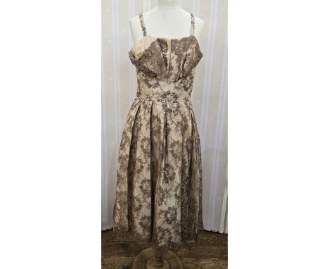 Various vintage dresses to include 1950s cocktail dress, coffee coloured lace over cream satin, spaghetti straps, boned bodic