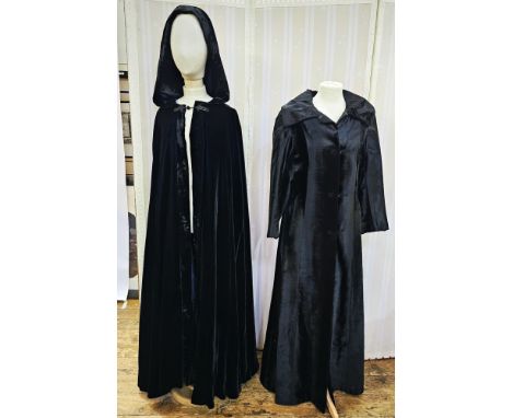 Black faux-moleskin maxi coat with hook and loop fastening, size 12, and a vintage-style black velvet opera cloak with frog f