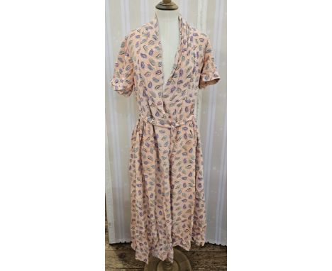 1940's wrap day dress or house coat, paisley pattern on a pink ground, a Liberty print cotton dress labelled Dickens and Jone