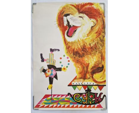 Three vintage Polish Circus 'Cyrk'&nbsp;advertising posters:&nbsp;Lion wearing a crown, artist: Hubert Hilscher, circa 1970's