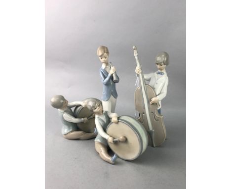 FIVE LLADRO FIGURES, each modelled playing a musical instrument, tallest 23cm high