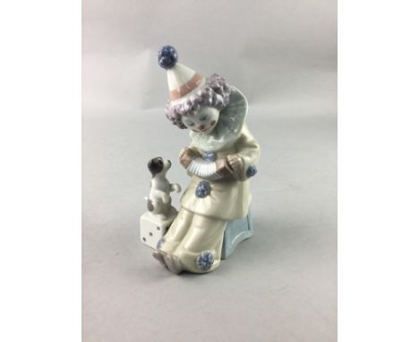 LLADRO FIGURE OF CLOWN WITH DOG, 16cm high, along with three other Spanish ceramic figures (4)