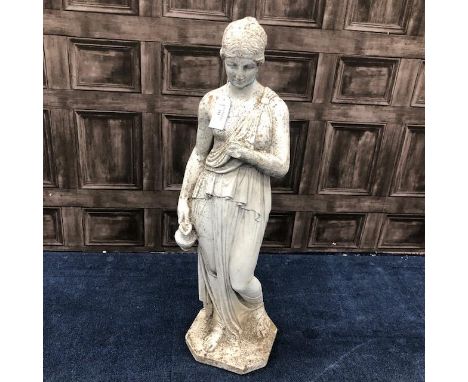 PAINTED GARDEN FIGURE, depicting a classical female holding a jug, 81cm high