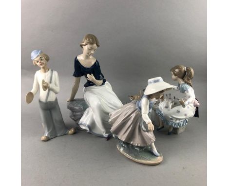 LLADRO FIGURE OF A GIRL FEEDING KITTENS, 20cm high, along with two Nao figures, and another figure (4)