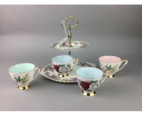 ROYAL STAFFORD THREE TIER CAKE STAND, along with four Queen Anne cups and saucers, two models of birds, a glass vase and thre