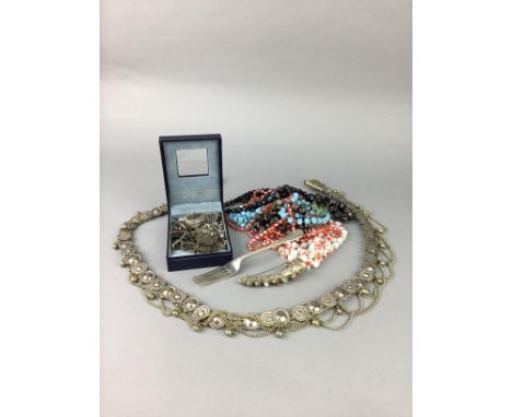 LOT OF SILVER AND COSTUME JEWELLERY, comprising a number of bracelets, brooches and necklaces, along with a silver fork