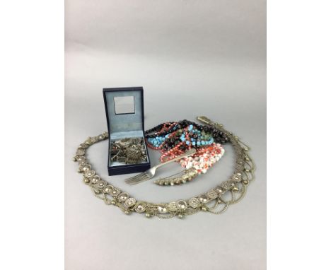 LOT OF SILVER AND COSTUME JEWELLERY, comprising a number of bracelets, brooches and necklaces, along with a silver fork