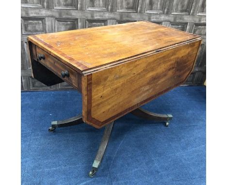 19TH CENTURY MAHOGANY PEMBROKE TABLE, with inlaid cross banded border on pillar with splayed supports, 99cm wide