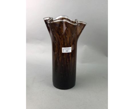 LOT OF FIVE GLASS VASES AND BOWLS, including Caithness examples, along with six glass tumblers and a clock