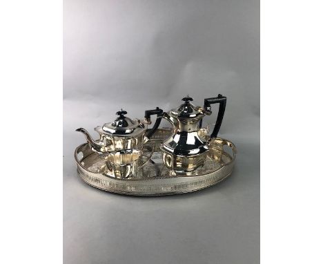 SILVER PLATED THREE PIECE TEA SERVICE, along with various plated ware including tray, tankard and chamber candlestick