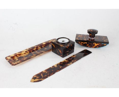 Faux tortoiseshell desk set comprising of pen tray, letter opener, inkwell and blotter (4)