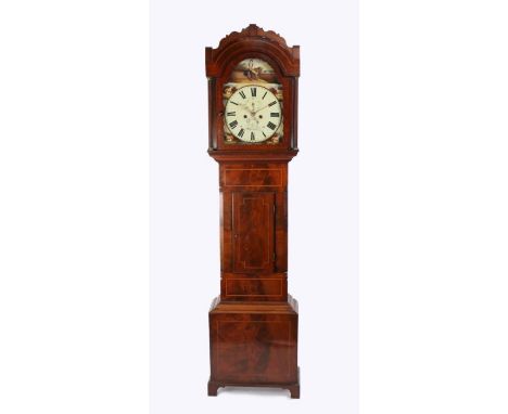 19th Century mahogany longcase clock by X Ganz of Swansea, the hood with wavy pediment and arched glazed door flanked by reed