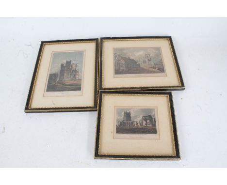 Three Suffolk coloured prints, "Orford Castle", "Blythburgh Church", "Walberswick Church, Suffolk", all housed in gilt and eb