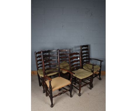 Set of five 19th Century oak ladder back dining chairs, to include three single and two carver chairs, on turned cabriole leg