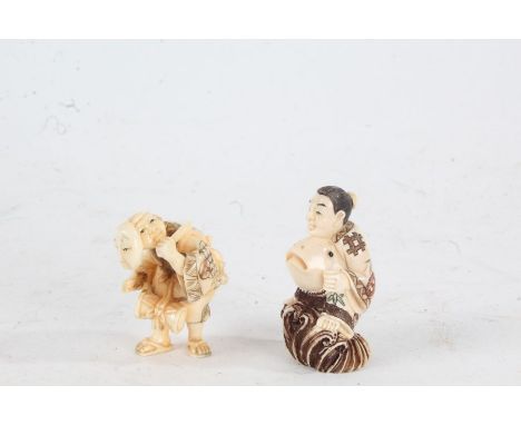 Two Japanese Meiji period carved ivory netsuke, the first in the form of a man with fish, having coloured detailing, with mot