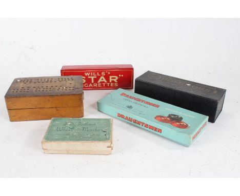 Mixed games, to include Wills 'Star' Cigarettes domino set in original tin, an inlaid folding crib board, two whist markers, 