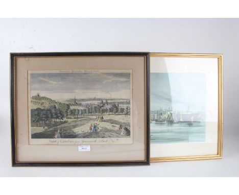 19th Century coloured engraving "View of London from Greenwich Park", housed in an ebonised and gilt glazed frame 31.5cm x 22