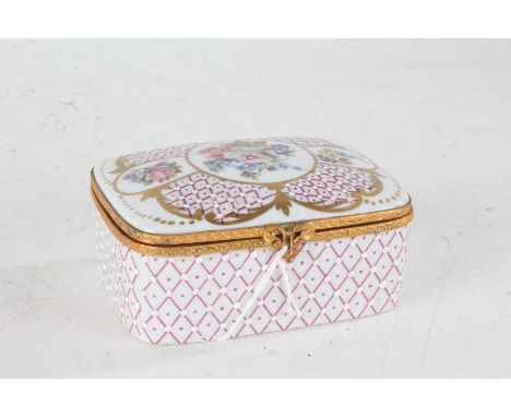 Limoges porcelain casket, the hinged lid with foliate central roundel surrounded by puce scale, enamel and foliate decoration