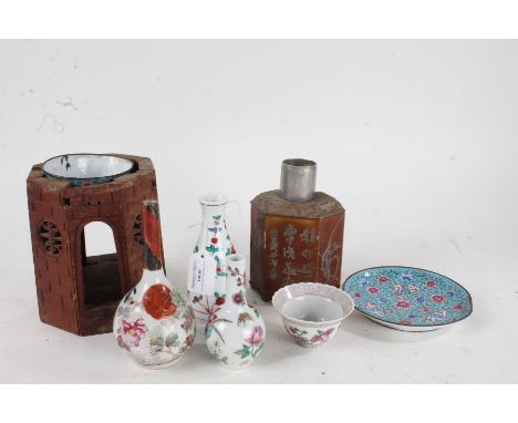 Chinese and Japanese works of art, to include octagonal turret form brush pot, tea caddy, tea bowl, three porcelain vases, po