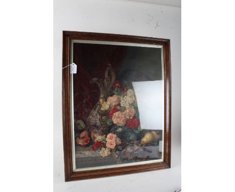 Pears print depicting a claret jug, arrangement of flowers and fruit on a marble shelf, housed in a glazed oak frame, the pri