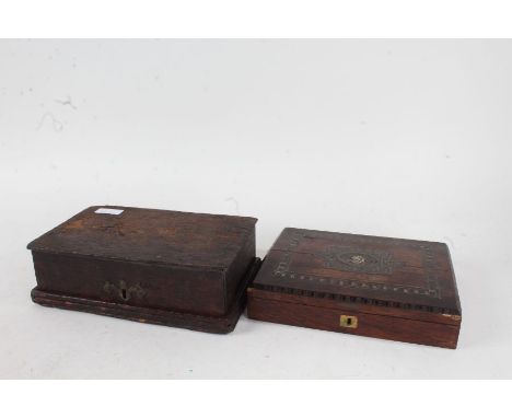 Oak box, the hinged lid opening to reveal brass hinges, 24.5cm wide, Continental brass and mother of pearl inlaid box, the hi