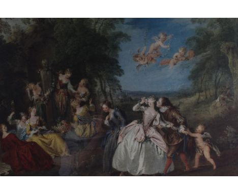 Chromo lithograph after Boucher depicting figures in a landscape with cherubs, housed in a glazed gilt and maple frame, the l