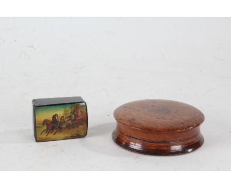 Russian papier mache stamp box, the hinged lid depicting a horse and cart with figures, 4cm wide, together with a 19th Centur