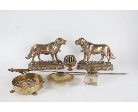 Pair of brass ornaments, each in the form of St Bernards, with registration numbers 50426. together with an Indian brass swor