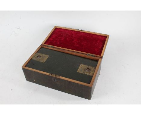 Victorian tartanware box, the hinged lid opening to reveal an adjustable ratcheted interior shelf with recessed brass handles