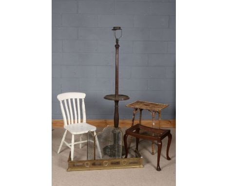 Victorian bamboo two tier side table, together with a standard lamp, white painted kitchen chair, mahogany stool frame, brass