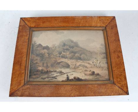 Pair of 19th century coloured prints, each depicting landscape scenes of figures by a castle and the other a fisherman and fi