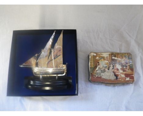 A CHINESE SILVER BOAT on stand and an Asprey silver and ivory box