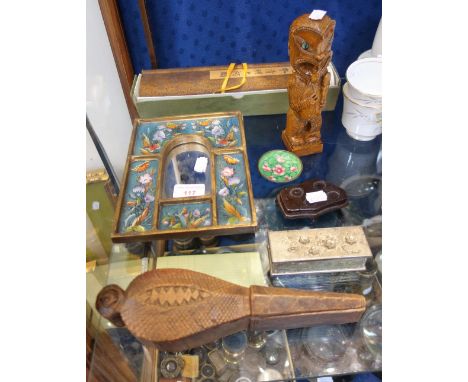 A CHINESE SCROLL, a pair of Peruvian mirrors in painted frames, an ethnic carved box and sundries