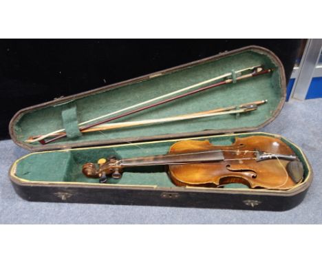 A 19TH CENTURY VIOLIN stamped, "HOPE" to the back, with mother of pearl inlay to the front, with a period wooden case
